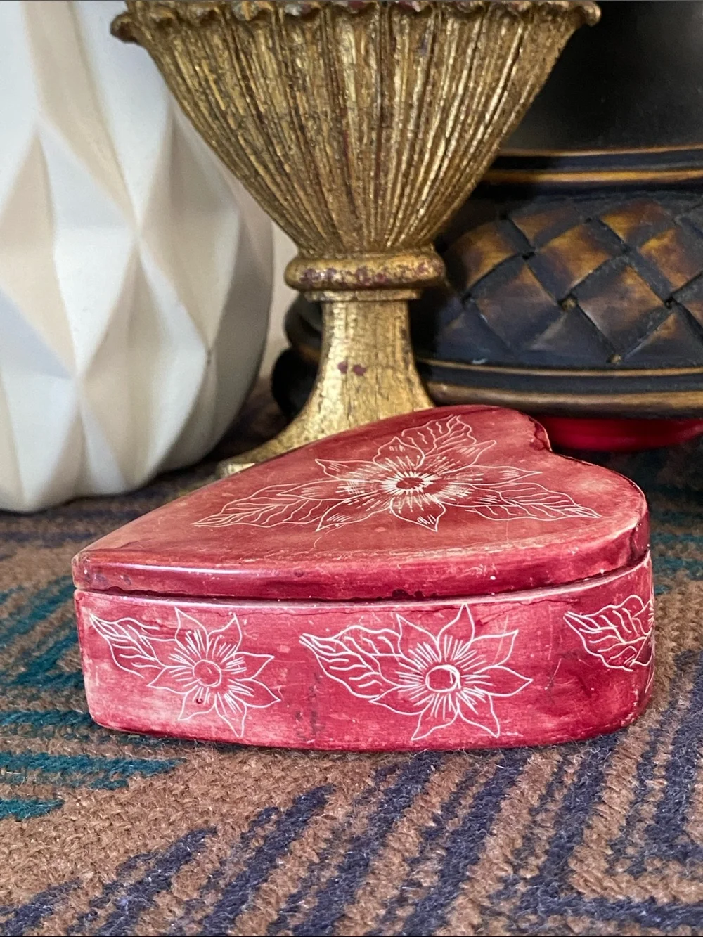 Vintage Hand-Painted/Etched Red Lidded  Soapstone Trinket Box